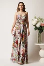Rochie lunga ivory cu flori colorate din satin in clos cu fusta petrecuta si crapatura- LaDonna, 1, dyfashion.ro