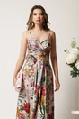 Rochie lunga ivory cu flori colorate din satin in clos cu fusta petrecuta si crapatura- LaDonna, 3, dyfashion.ro