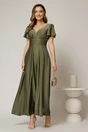 Rochie lunga kaki de ocazie cu decolteu adanc si maneci scurte evazate, 1, dyfashion.ro