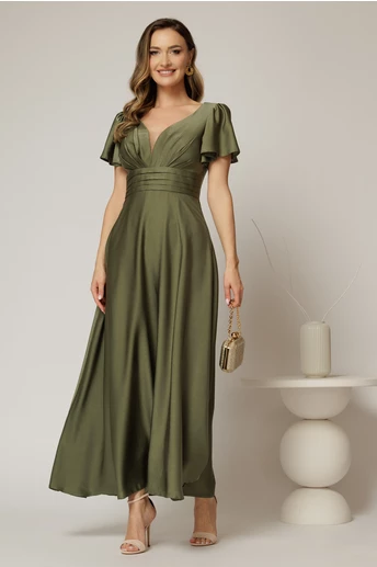 Rochie lunga kaki de ocazie cu decolteu adanc si maneci scurte evazate