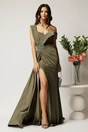 Rochie lunga kaki din lycra mulata cu tull transparent si strasuri in talie, 1, dyfashion.ro