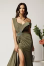 Rochie lunga kaki din lycra mulata cu tull transparent si strasuri in talie, 3, dyfashion.ro