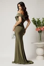 Rochie lunga kaki din lycra mulata cu tull transparent si strasuri in talie, 2, dyfashion.ro