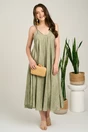 Rochie lunga kaki din viscoza cu croi tip A si bretele subtiri, 1, dyfashion.ro