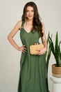Rochie lunga kaki din viscoza cu croi tip A si crapaturi in laterale, 4, dyfashion.ro