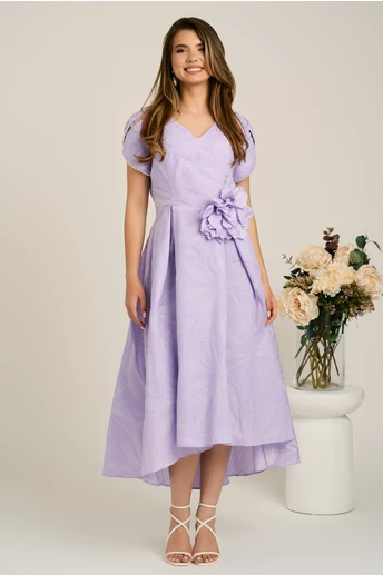Rochie lunga lila din brocard in clos cu imprimeu si floare maxi detasabila- LaDonna