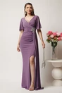 Rochie lunga lila din lurex cu floare in talie si croi mulat, 1, dyfashion.ro