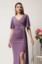 Rochie lunga lila din lurex cu floare in talie si croi mulat, 2, dyfashion.ro