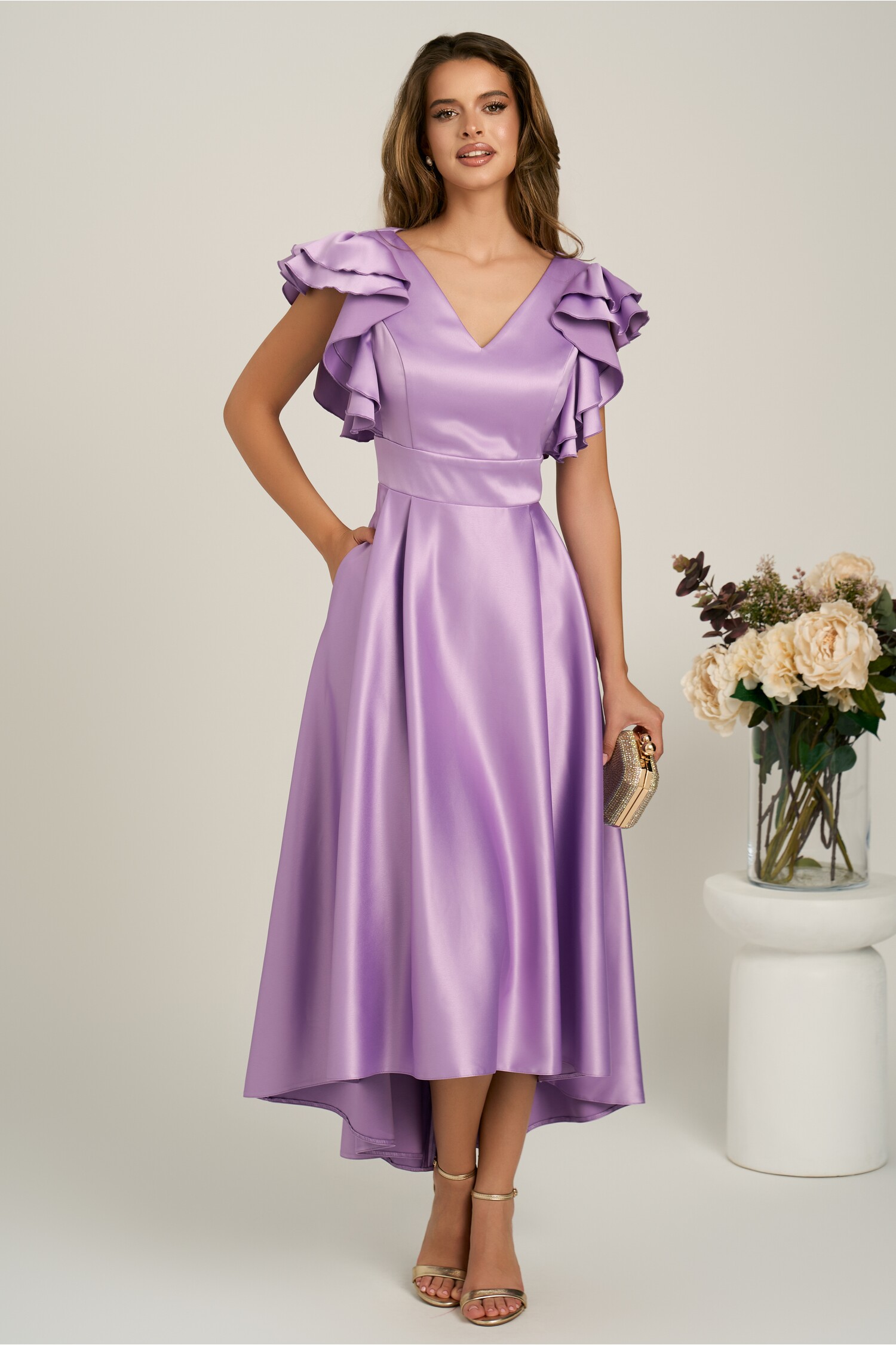 Rochie lunga lila din tafta subtire in clos cu volanase la bust- LaDonna