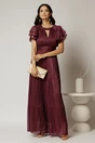 Rochie lunga magenta de ocazie din voal peliculizat cu decupaj si impletitura la decolteu, 1, dyfashion.ro