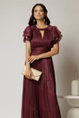 Rochie lunga magenta de ocazie din voal peliculizat cu decupaj si impletitura la decolteu, 3, dyfashion.ro