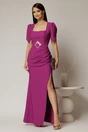 Rochie lunga magenta de seara cu decolteu patrat si maneci scurte, 1, dyfashion.ro