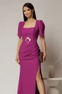 Rochie lunga magenta de seara cu decolteu patrat si maneci scurte, 3, dyfashion.ro