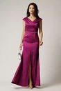 Rochie lunga magenta din tafta cu perle in talie si crapatura pe picior, 1, dyfashion.ro