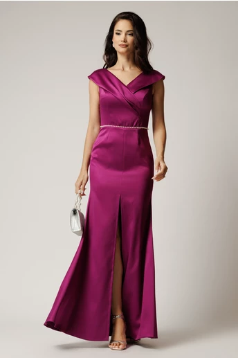 Rochie lunga magenta din tafta cu perle in talie si crapatura pe picior