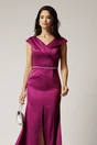 Rochie lunga magenta din tafta cu perle in talie si crapatura pe picior, 3, dyfashion.ro