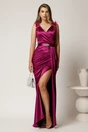Rochie lunga magenta din tafta cu strasuri si pene la umeri, 1, dyfashion.ro
