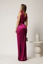 Rochie lunga magenta din tafta cu strasuri si pene la umeri, 2, dyfashion.ro