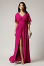Rochie lunga magenta din voal cu strasuri la decolteu si maneci tip capa, 1, dyfashion.ro