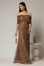 Rochie lunga maro de seara din dantela cu perle si paiete, 1, dyfashion.ro