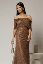 Rochie lunga maro de seara din dantela cu perle si paiete, 3, dyfashion.ro