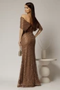 Rochie lunga maro de seara din dantela cu perle si paiete, 2, dyfashion.ro