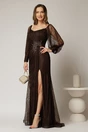 Rochie lunga maro de seara din dantela cu strassuri pe talie si decolteu, 1, dyfashion.ro