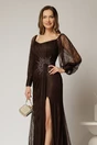 Rochie lunga maro de seara din dantela cu strassuri pe talie si decolteu, 3, dyfashion.ro