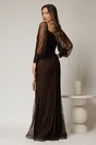 Rochie lunga maro de seara din dantela cu strassuri pe talie si decolteu, 2, dyfashion.ro