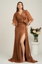 Rochie lunga maro din voal cu reflexii si floare maxi in talie, 1, dyfashion.ro