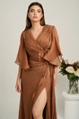Rochie lunga maro din voal cu reflexii si floare maxi in talie, 4, dyfashion.ro