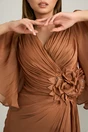 Rochie lunga maro din voal cu reflexii si floare maxi in talie, 3, dyfashion.ro