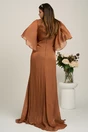 Rochie lunga maro din voal cu reflexii si floare maxi in talie, 2, dyfashion.ro