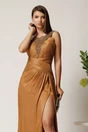 Rochie lunga maro din voal cu reflexii si strasuri la decolteu, 3, dyfashion.ro