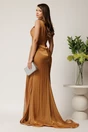 Rochie lunga maro din voal cu reflexii si strasuri la decolteu, 2, dyfashion.ro