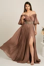 Rochie lunga maro din voal cu strasuri in talie si maneci scurte bufante, 1, dyfashion.ro