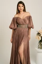 Rochie lunga maro din voal cu strasuri in talie si maneci scurte bufante, 2, dyfashion.ro