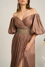 Rochie lunga maro din voal cu strasuri in talie si maneci scurte bufante, 3, dyfashion.ro