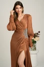 Rochie lunga maro din voal plisat cu strasuri in talie, 4, dyfashion.ro
