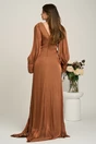 Rochie lunga maro din voal plisat cu strasuri in talie, 2, dyfashion.ro