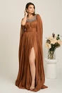 Rochie lunga maro inchis din voal cu maneci ample si strasuri la decolteu, 1, dyfashion.ro
