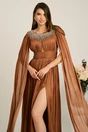 Rochie lunga maro inchis din voal cu maneci ample si strasuri la decolteu, 4, dyfashion.ro