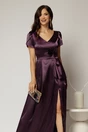 Rochie lunga mov de seara din tafta cu funda pe talie si decolteu in V, 3, dyfashion.ro