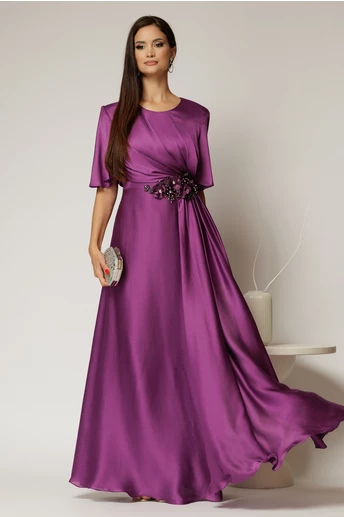 Rochie lunga mov de seara din voal  cu accesoriu in talie