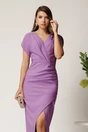 Rochie lunga mov din stofa cu fronseu si crapatura pe fusta, 3, dyfashion.ro