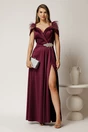 Rochie lunga mov din tafta cu accesoriu in talie si pene la umeri, 1, dyfashion.ro
