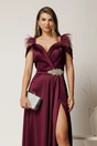 Rochie lunga mov din tafta cu accesoriu in talie si pene la umeri, 3, dyfashion.ro