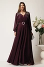 Rochie lunga mov din voal in clos cu strasuri si franjuri la umeri, 1, dyfashion.ro