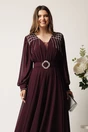 Rochie lunga mov din voal in clos cu strasuri si franjuri la umeri, 2, dyfashion.ro