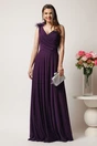 Rochie lunga mov in clos din triplu voal cu strasuri la bust si pene la umar, 1, dyfashion.ro
